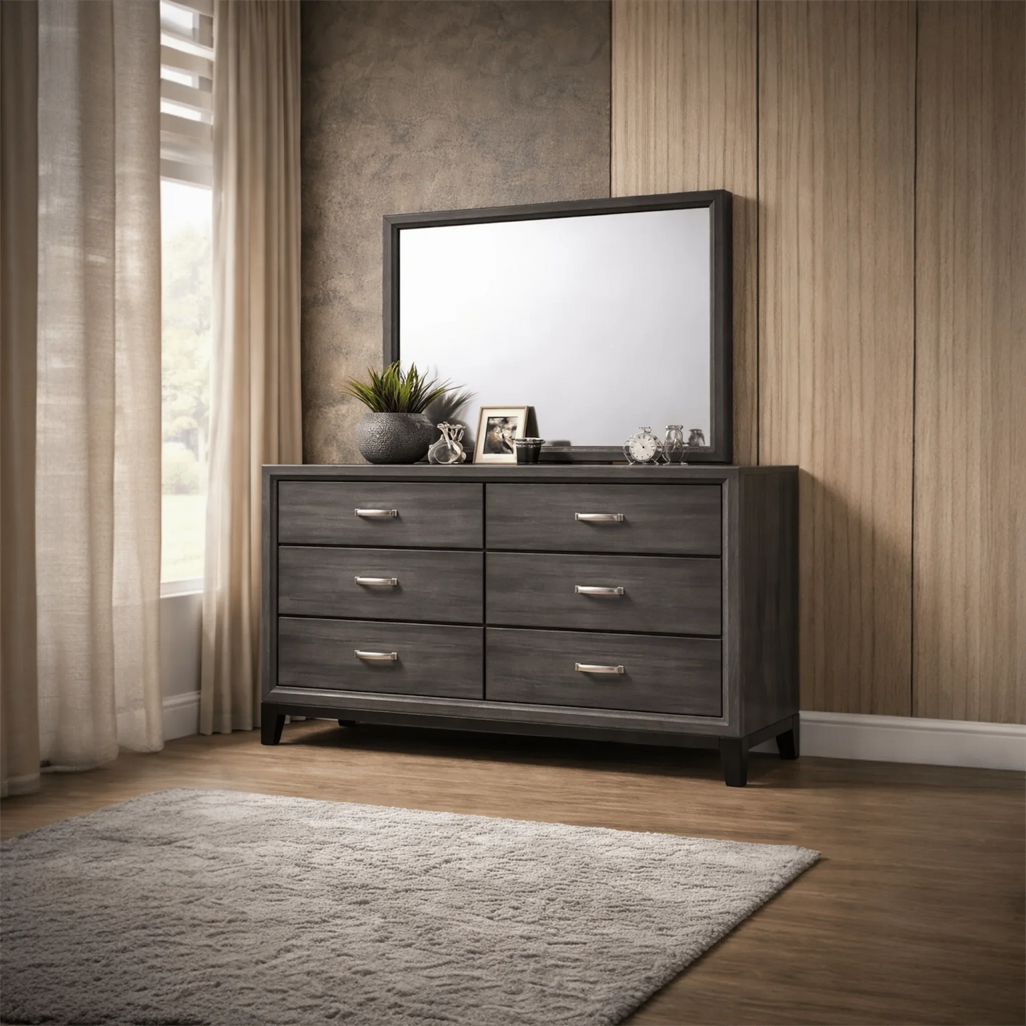 Akerson Modern Grey 6 - Drawer Dresser with Framed Mirror | Matching Bedroom Collection - George's Furniture