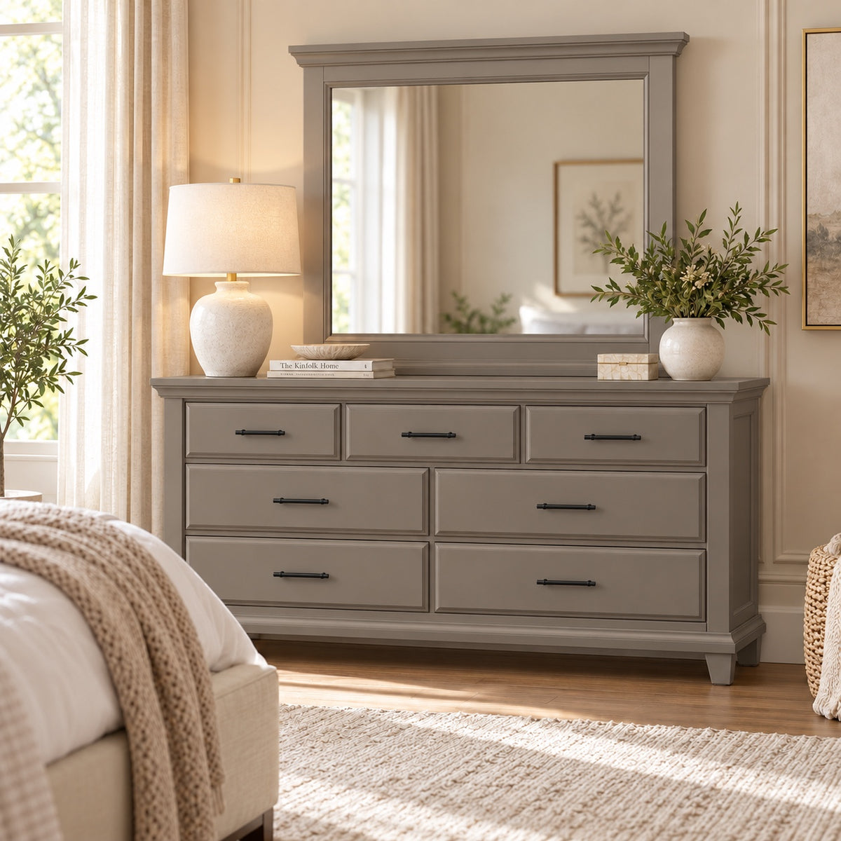 Bella Slate gray seven-drawer dresser with matching mirror, black slim drawer pulls in warm neutral bedroom