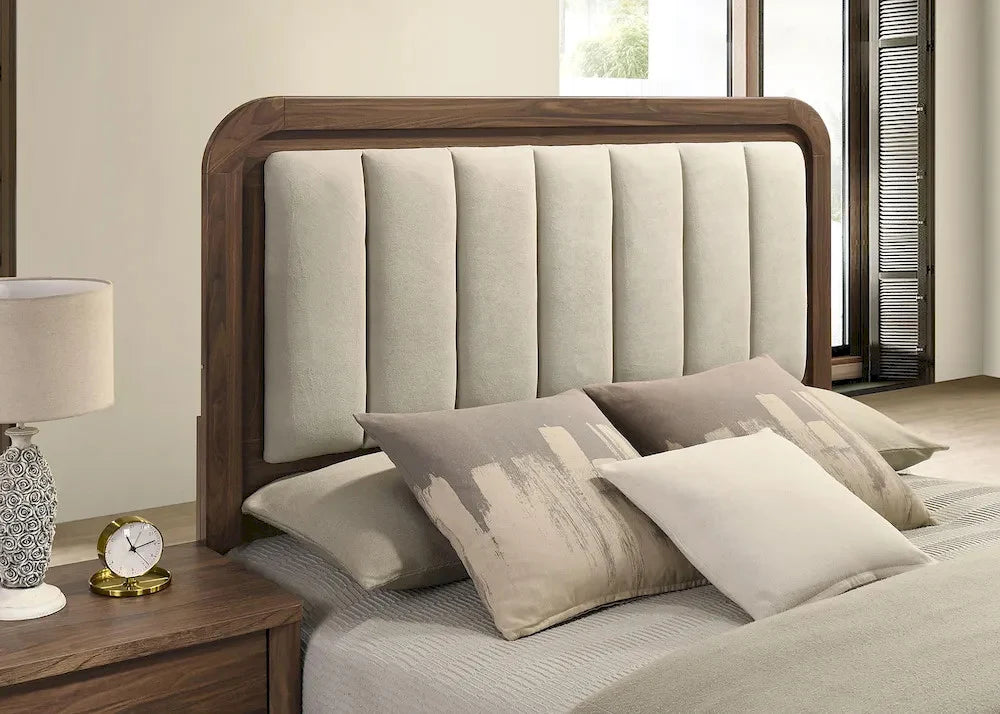 Close up of Caspian vertically channeled upholstered LED headboard
