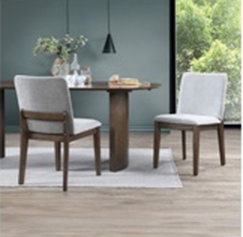 Kody 79 inch rectangle dining set in dark walnut with Stone Gray upholstered dining chairs