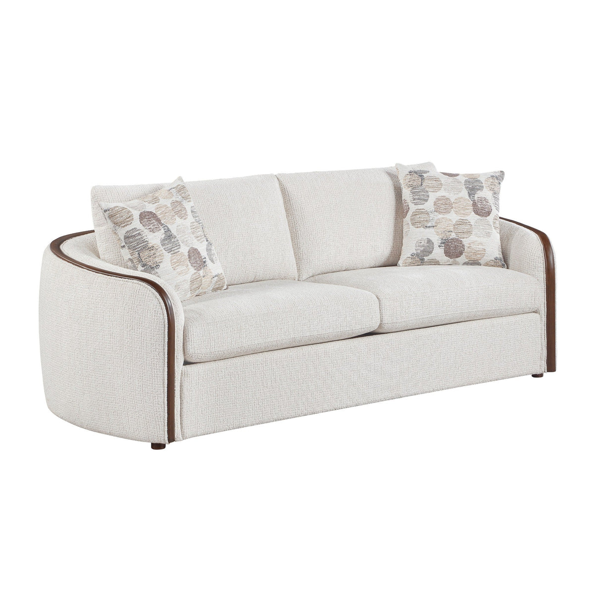 Linden beige chenille sofa angled view with upholstered cushions and walnut frame