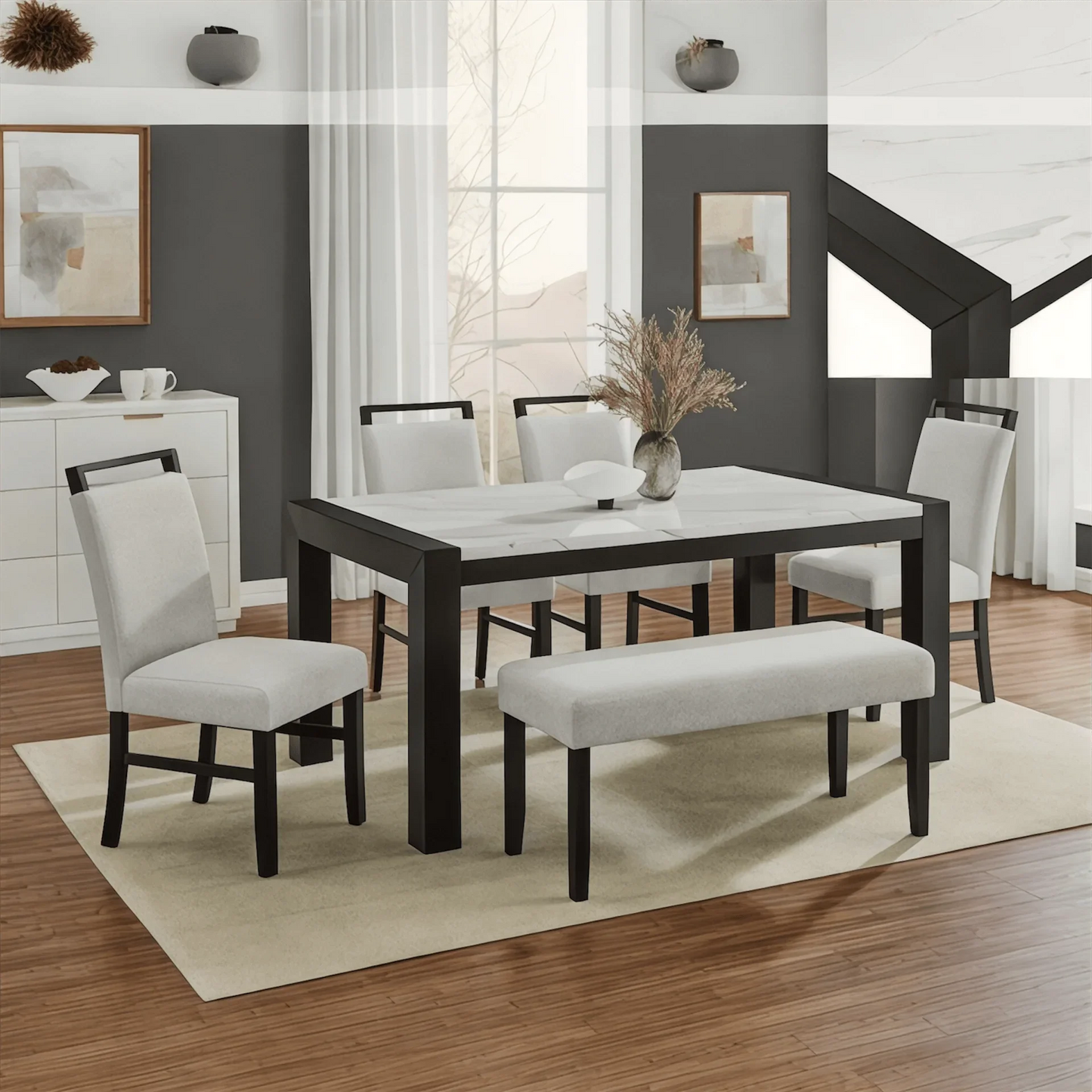 Luna Black & White 6 - Piece Dining Set with Bench – Marble Look Table & Upholstered Chairs - George's Furniture