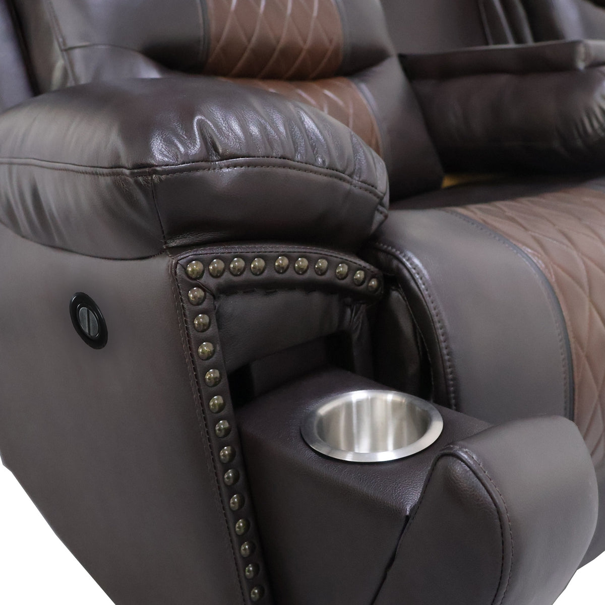 Nikko Brown power reclining console loveseat with cupholder feature open