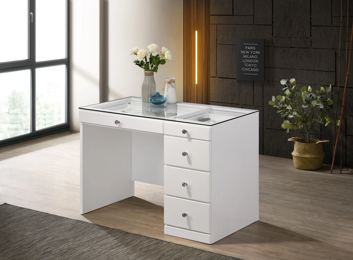 Crown Mark Morgan white vanity set with LED mirror and swivel stool