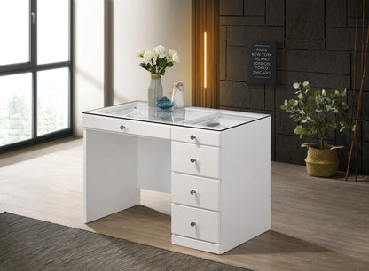 Crown Mark Morgan white vanity set with LED mirror and swivel stool