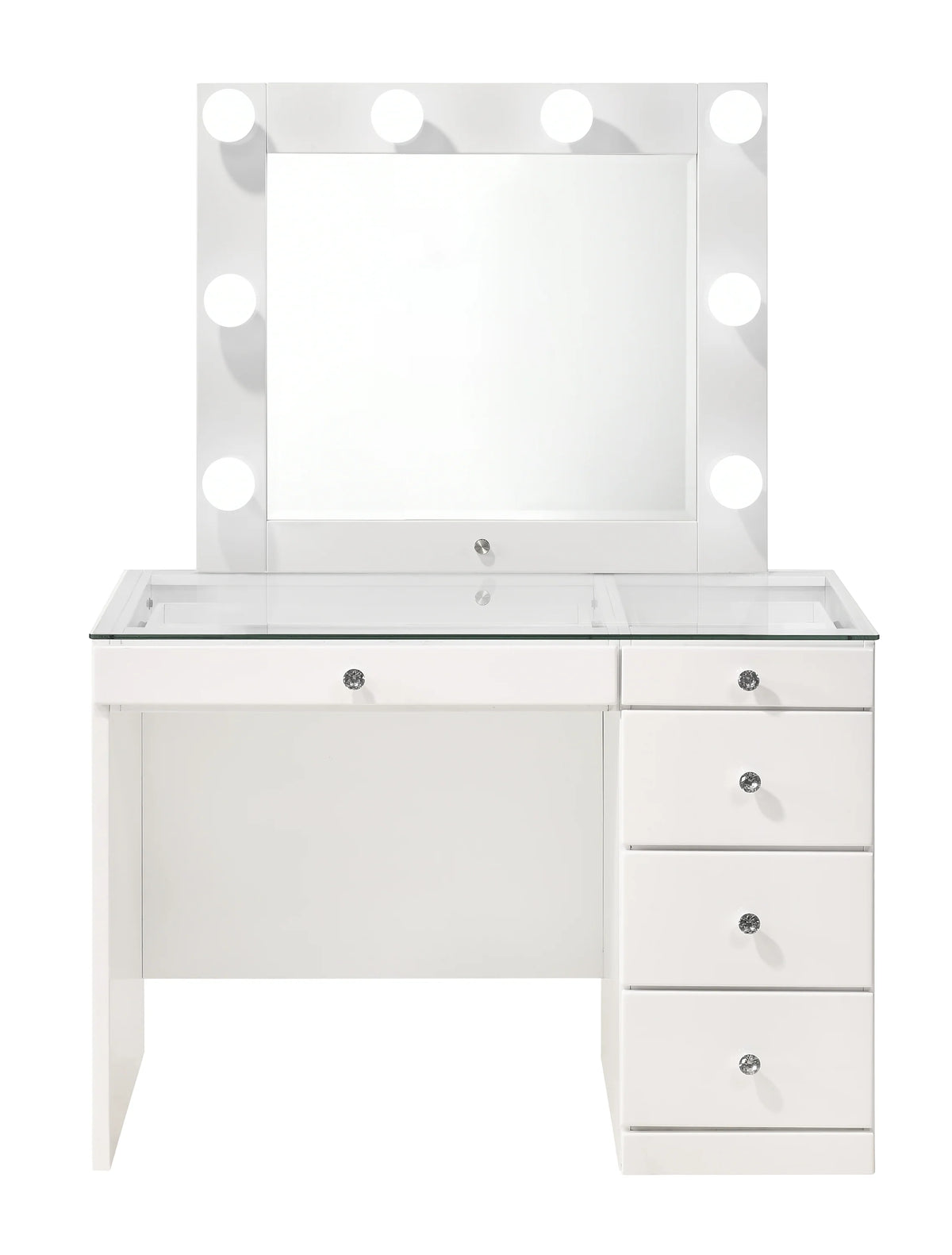 Morgan white vanity with tempered-glass top and storage drawers