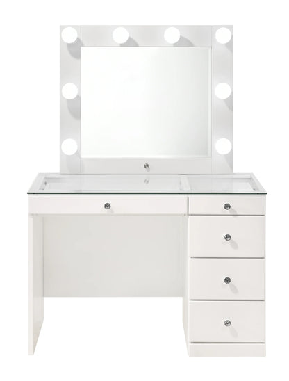 Morgan white vanity with tempered-glass top and storage drawers