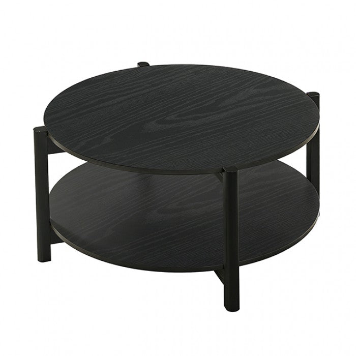 Haven round coffee table in black with lower storage shelf, 34.4-inch diameter