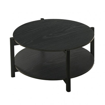 Haven round coffee table in black with lower storage shelf, 34.4-inch diameter