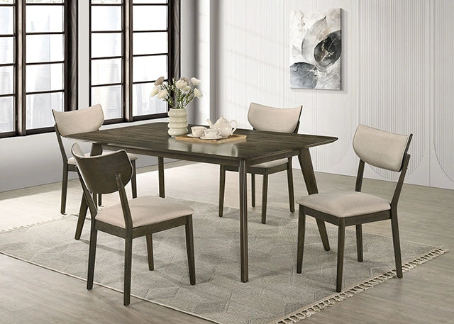 Alden five-piece counter-height dining set in dark walnut and beige with four upholstered chairs in an interior setting