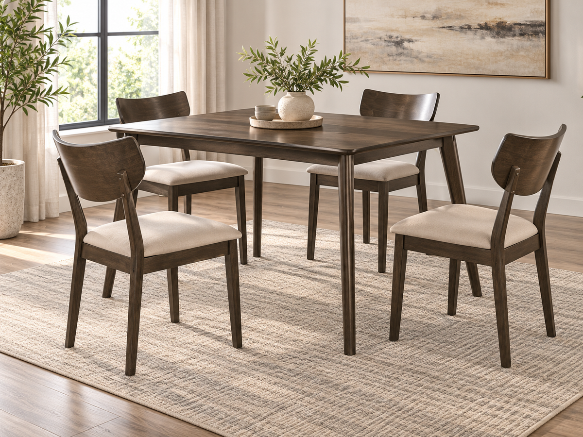 Alden dark walnut counter-height dining set with beige chairs in a bright modern interior; illustrative lifestyle rendering