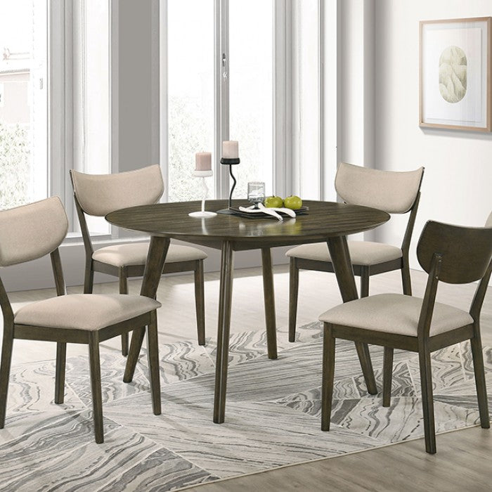 Alden 5-piece round dining set with 48-inch dark walnut table and four beige upholstered chairs