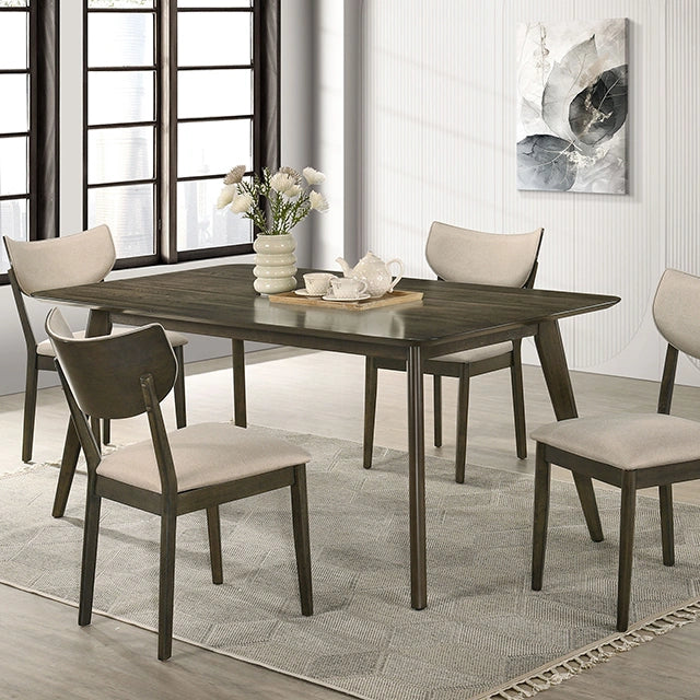 Dark walnut and beige five piece counter height dining table and chair set in a room