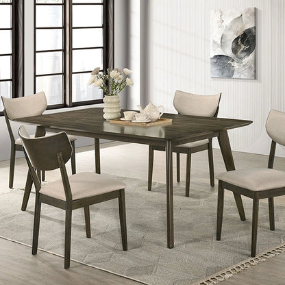 Dark walnut and beige five piece counter height dining table and chair set in a room