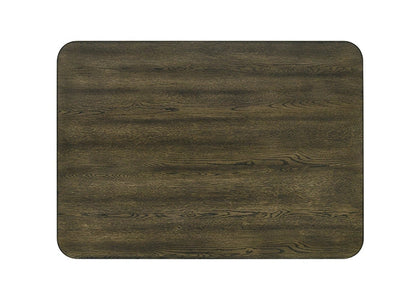 Dark walnut finish and oak veneer grain detail on counter height dining tabletop