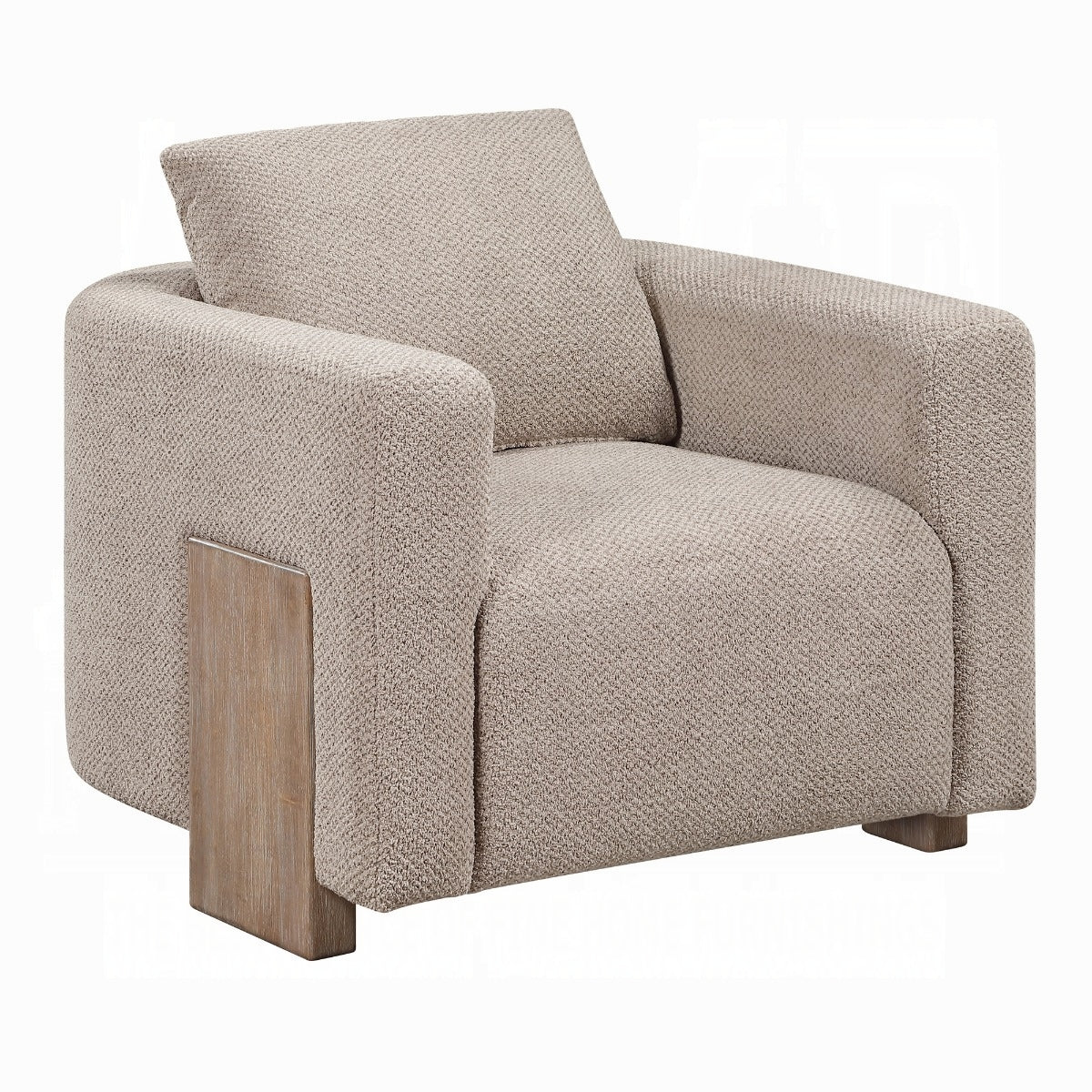 Angled front view of Arden latte linen accent chair with broad arms and wood panel accents