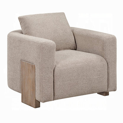 Angled front view of Arden latte linen accent chair with broad arms and wood panel accents