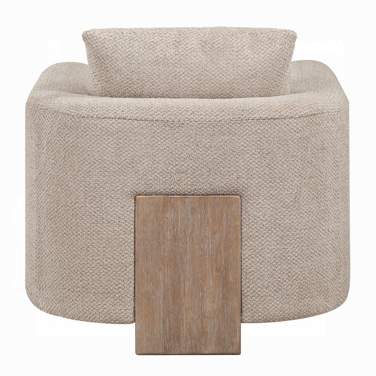 Rear view of Arden accent chair showing the curved upholstered back and wood panel support