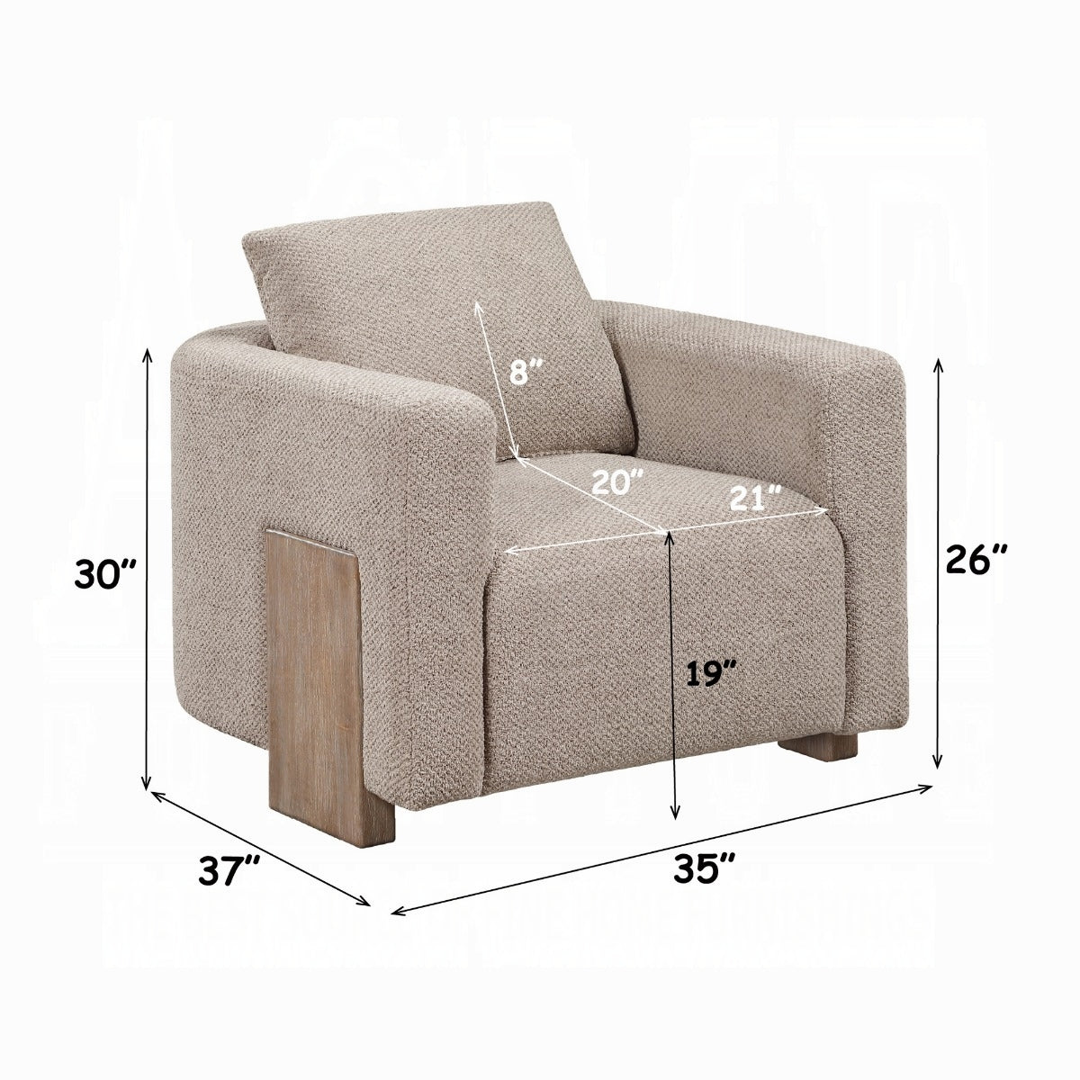 Arden chair dimensions: 35 inches wide, 37 inches deep, 30 inches high; seat 21 by 20 inches and 19 inches high