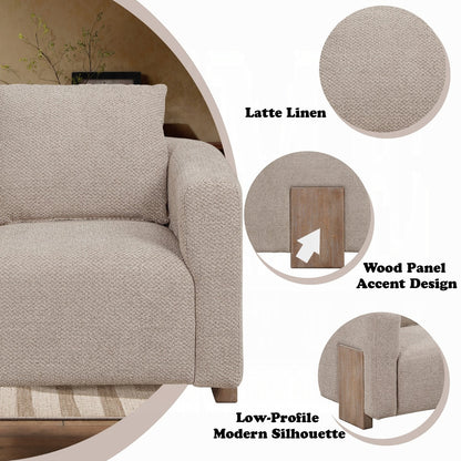 Arden accent chair feature graphic showing latte linen texture, wood panel accents, and low-profile shape
