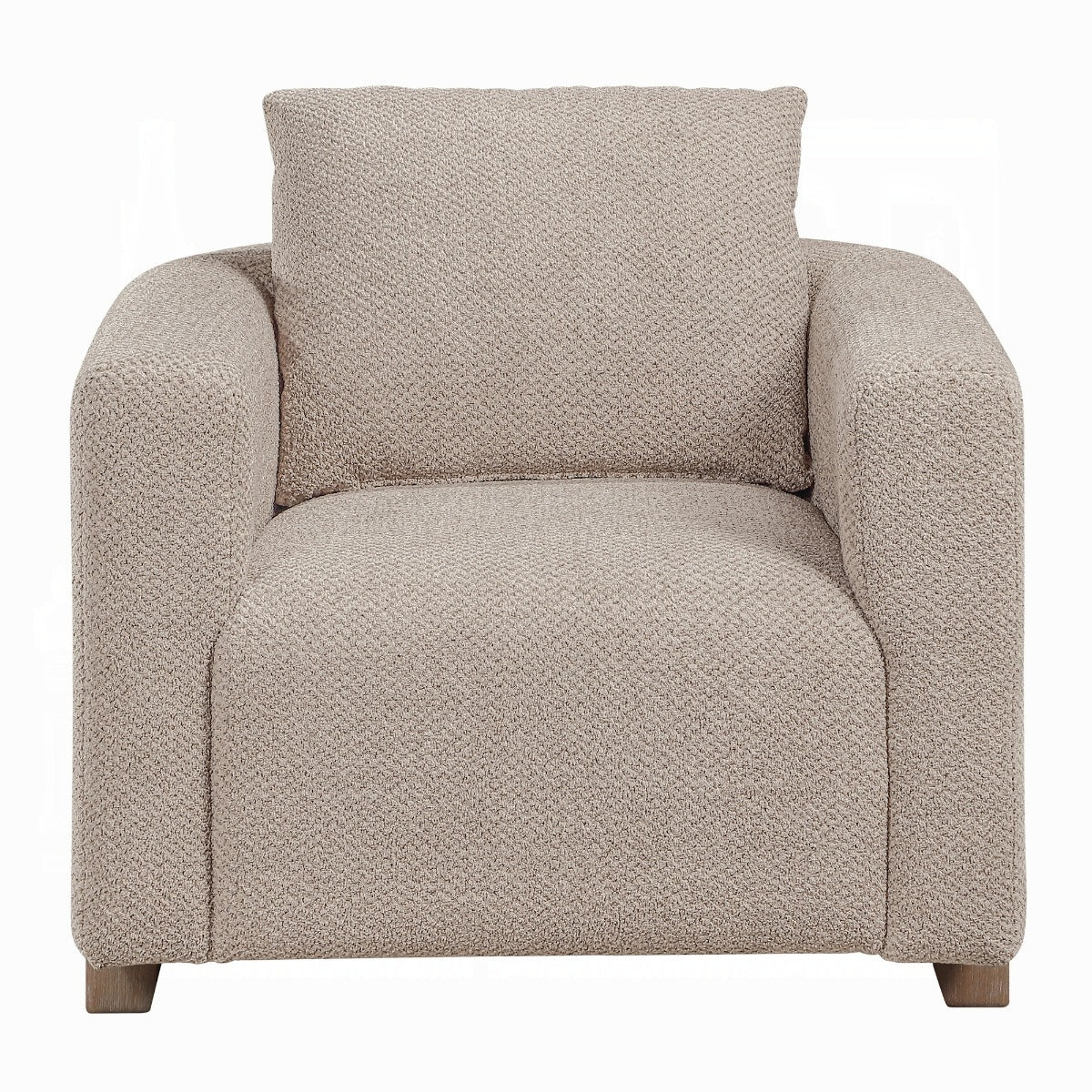 Front view of Arden latte upholstered accent chair showing the seat and back cushion