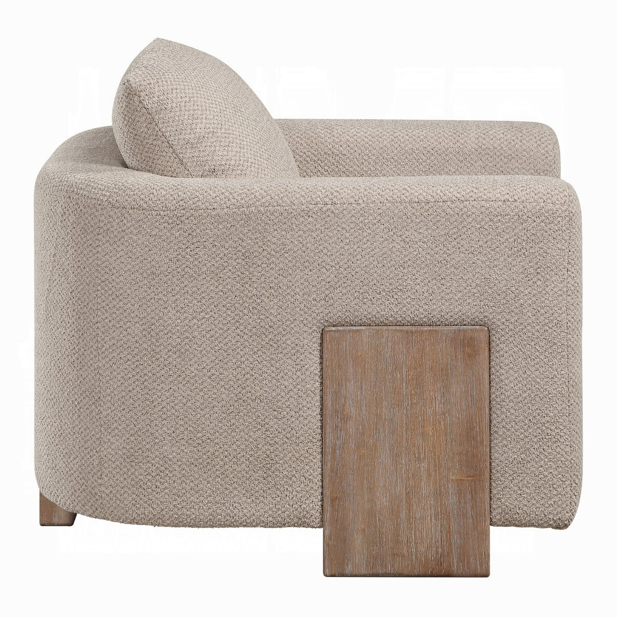 Side view of Arden latte linen accent chair with a rectangular wood panel leg