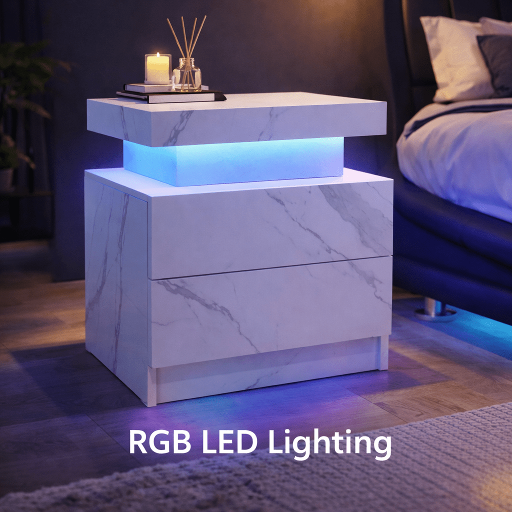 Aura LED Nightstand – Modern RGB Light Bedside Table with Storage (Multiple Finishes) - George's Furniture
