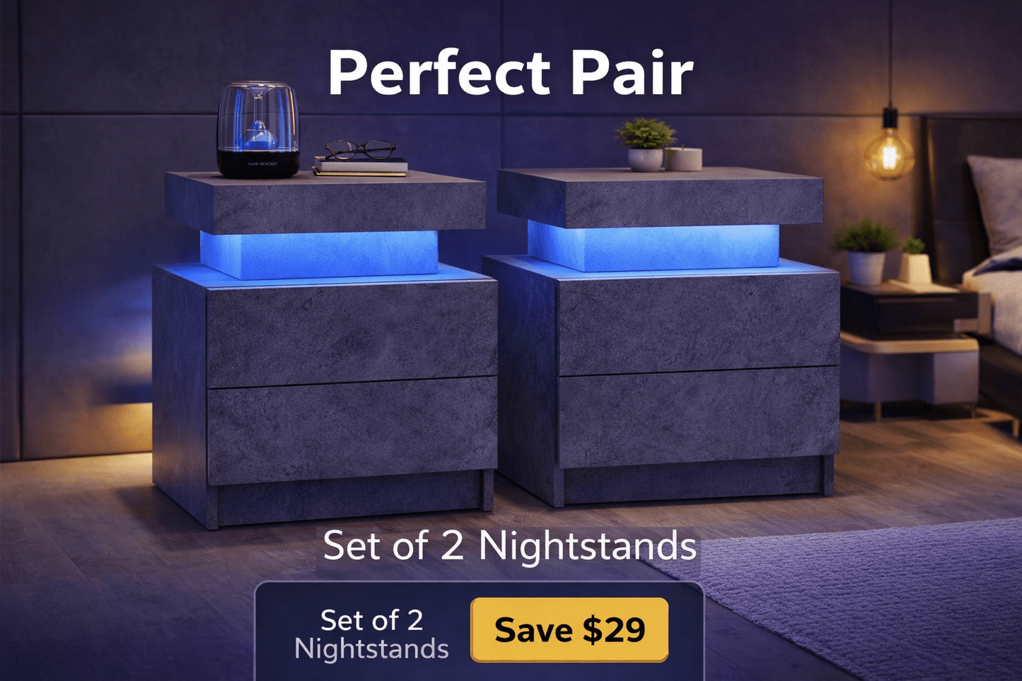Aura LED Nightstand – Modern RGB Light Bedside Table with Storage (Multiple Finishes) - George's Furniture