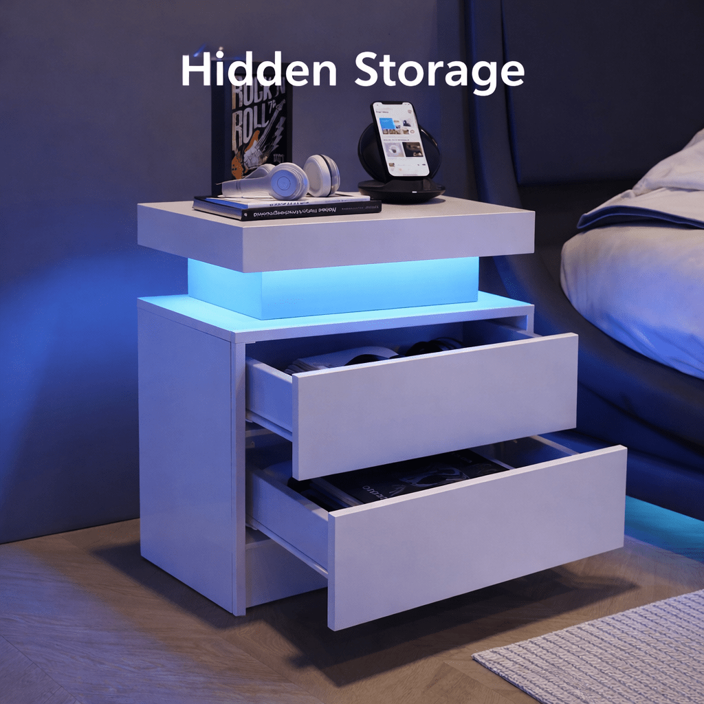 Aura LED Nightstand – Modern RGB Light Bedside Table with Storage (Multiple Finishes) - George's Furniture