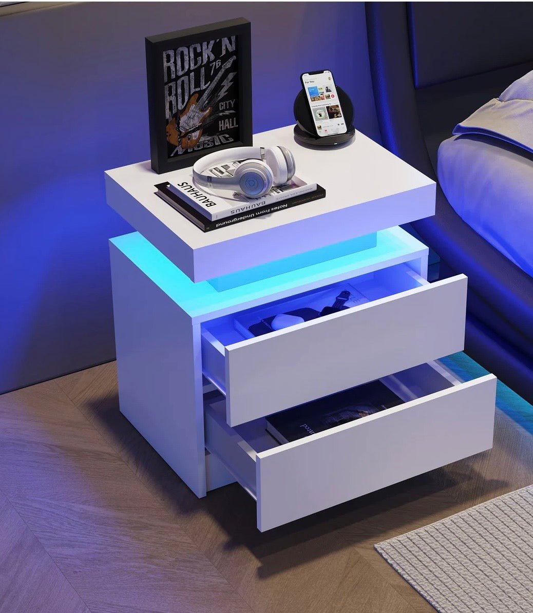 Aura LED Nightstand – Modern RGB Light Bedside Table with Storage (Multiple Finishes) - George's Furniture