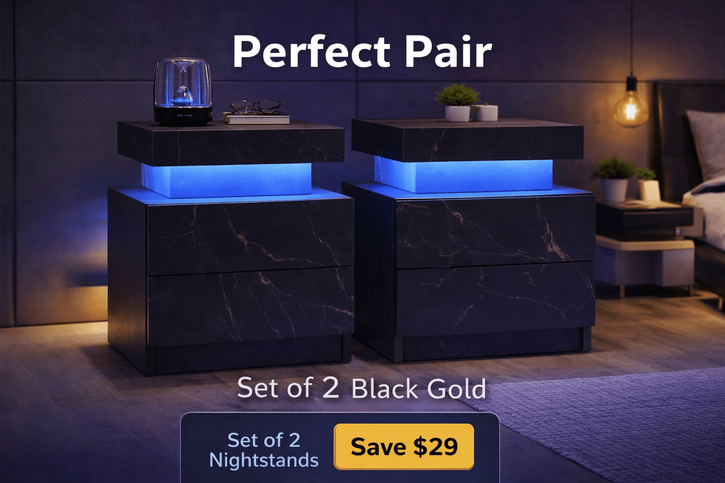 Aura LED Nightstand – Modern RGB Light Bedside Table with Storage (Multiple Finishes) - George's Furniture