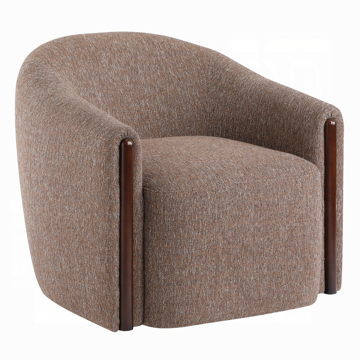 Cove brown chenille accent chair, angled front view showing rounded arms and wood trim