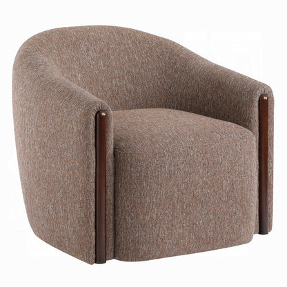 Cove brown chenille accent chair, angled front view showing rounded arms and wood trim