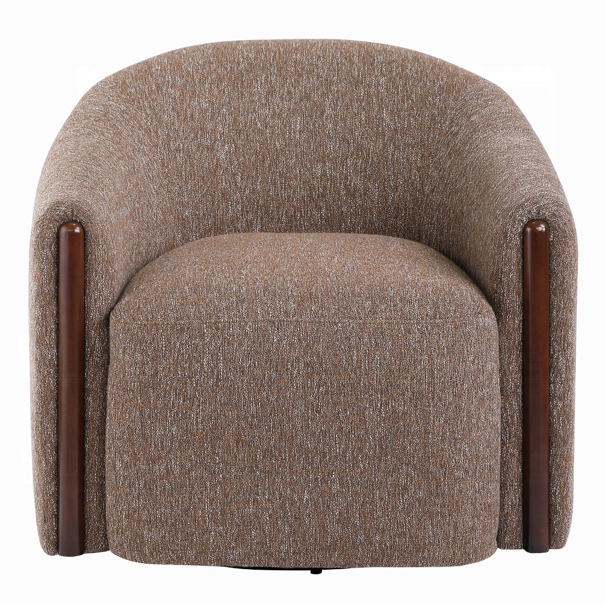Front view of Cove brown chenille swivel chair with a tailored seat and curved back