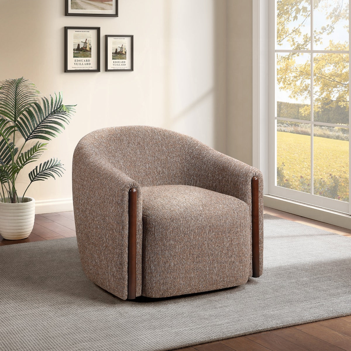 Cove brown chenille swivel accent chair with curved back and wood arm accents in a living room