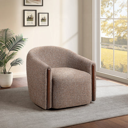 Cove brown chenille swivel accent chair with curved back and wood arm accents in a living room