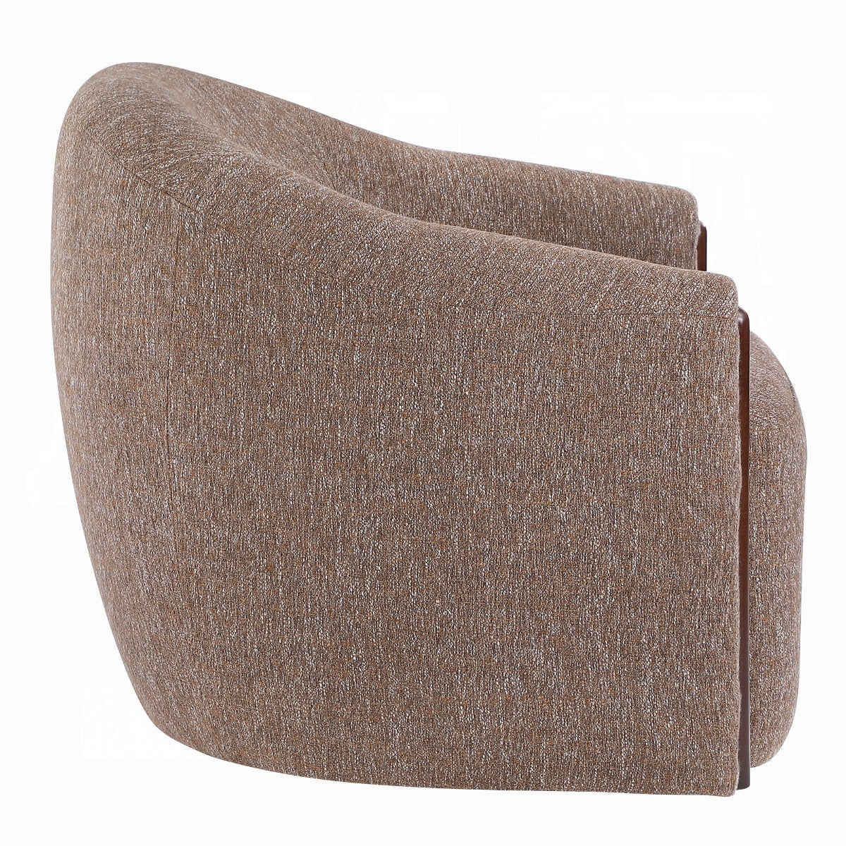 Side view of Cove brown chenille barrel chair showing the wraparound upholstered back