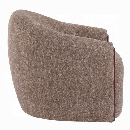 Side view of Cove brown chenille barrel chair showing the wraparound upholstered back
