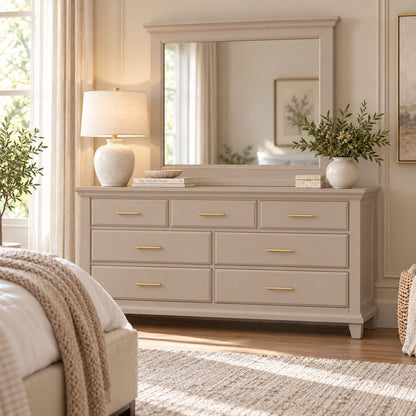 Dune Bella seven-drawer dresser and matching mirror with gold bar pulls styled in a softly lit neutral bedroom