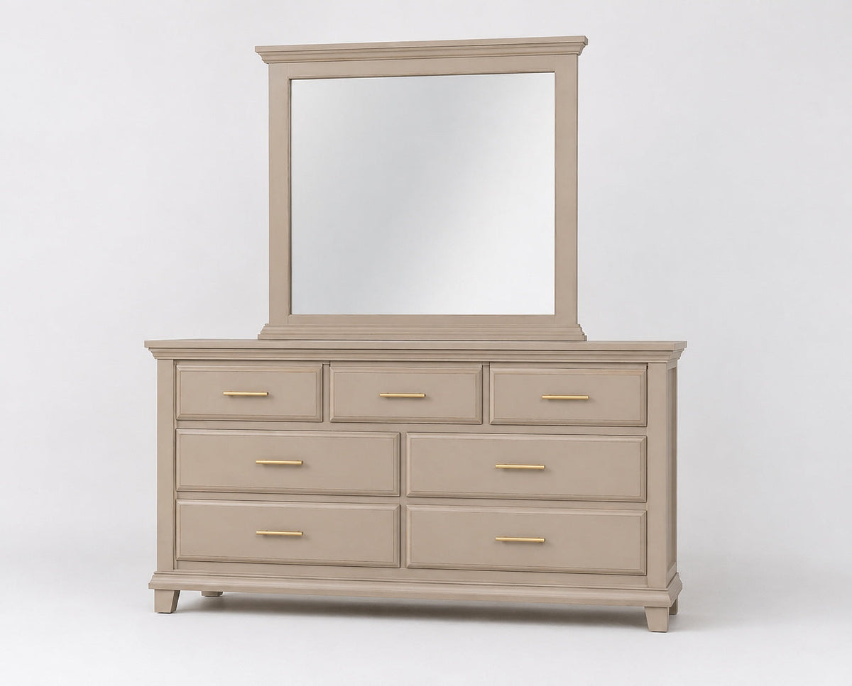 Dune warm taupe Bella seven-drawer dresser with gold slim bar hardware and framed coordinating mirror, clean product view