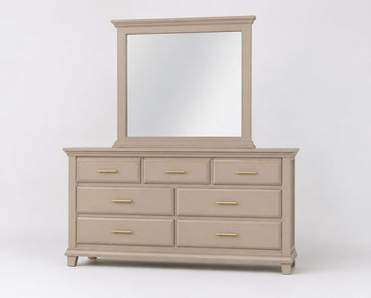 Dune warm taupe Bella seven-drawer dresser with gold slim bar hardware and framed coordinating mirror, clean product view