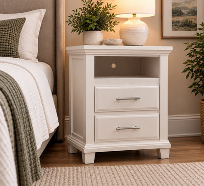 Pearl Bella 2-drawer open-shelf bedside nightstand styled next to a bed | George's Furniture