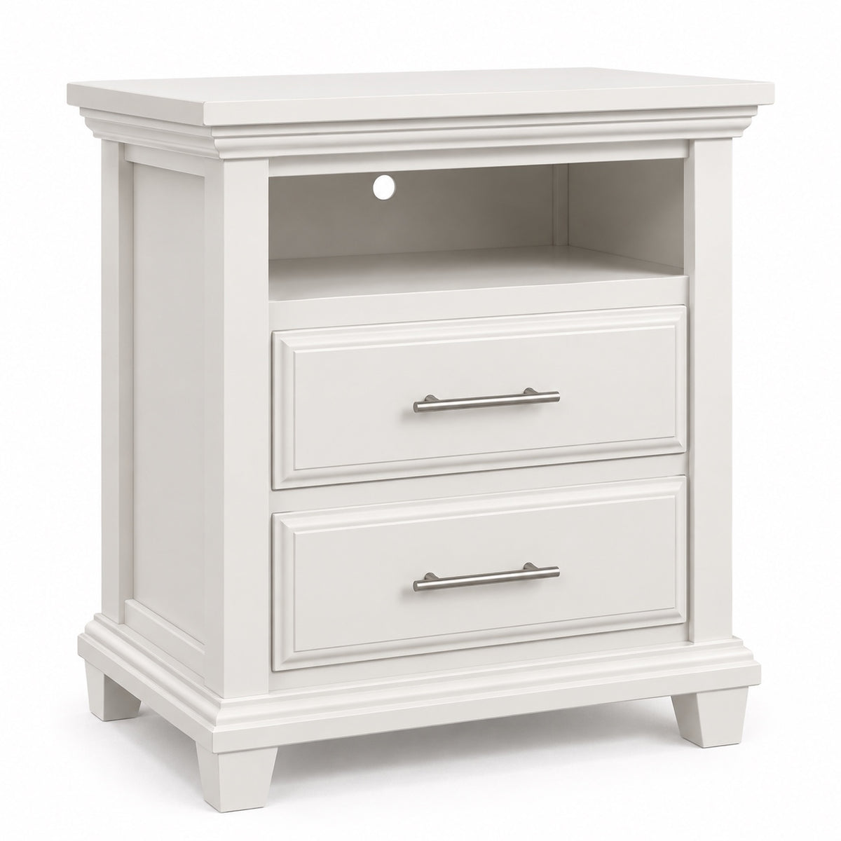 Pearl Bella open-shelf 2-drawer nightstand with brushed silver bar handles on white background | George's Furniture