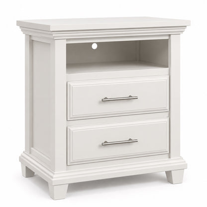 Pearl Bella open-shelf 2-drawer nightstand with brushed silver bar handles on white background | George's Furniture