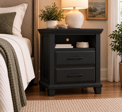 Vanta Bella 2-drawer open-shelf bedside nightstand styled next to a bed | George's Furniture