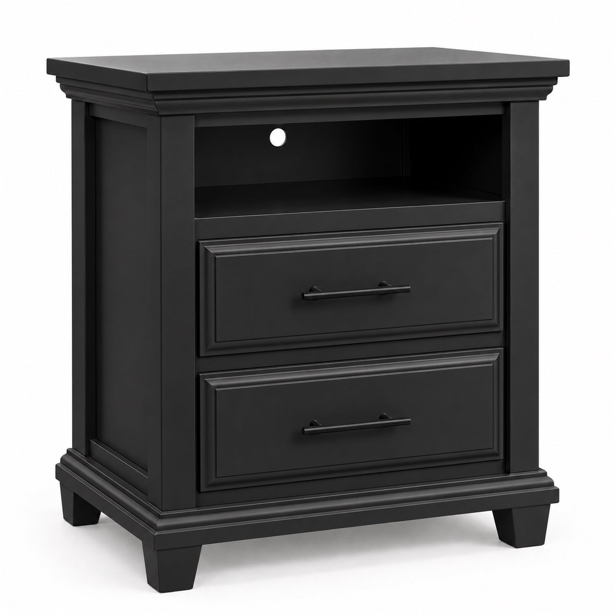 Vanta Bella open-shelf 2-drawer nightstand with black bar handles on white background | George's Furniture
