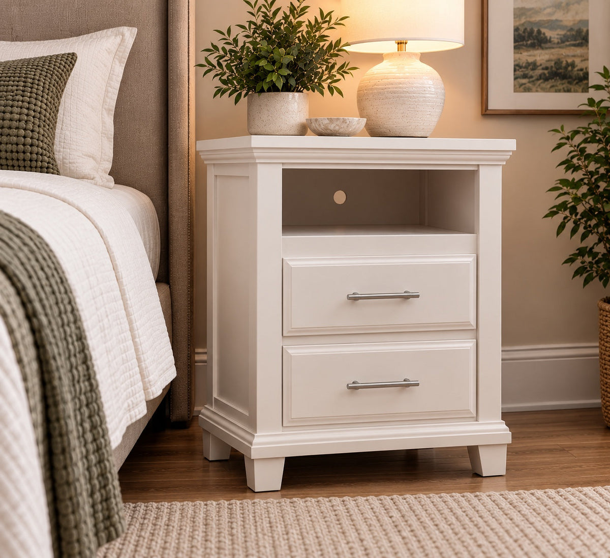 pearl Bella open-shelf two-drawer nightstand styled beside a bed