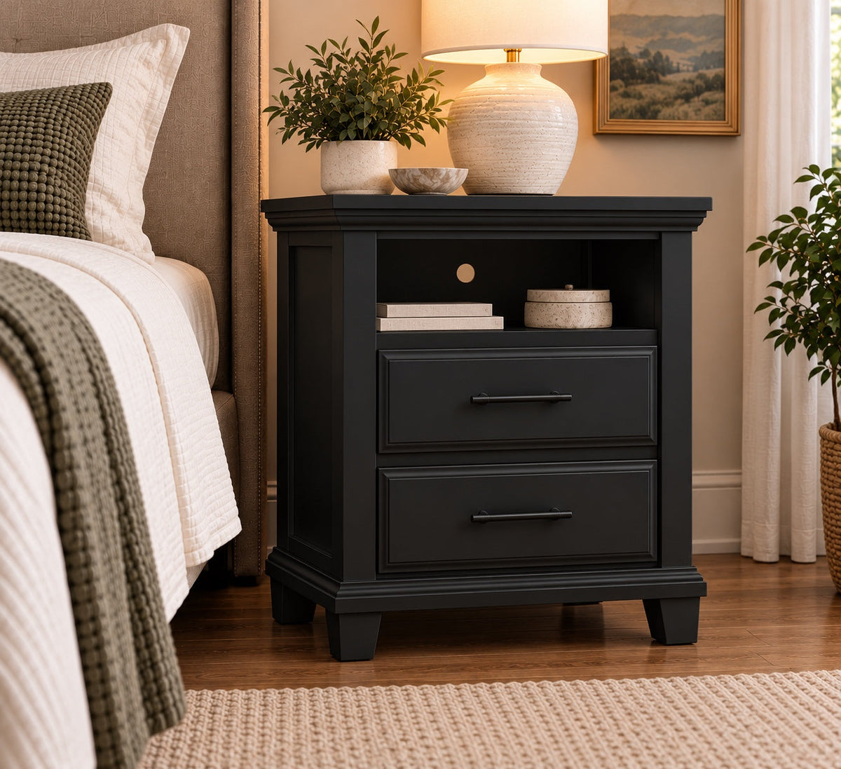 vanta Bella open-shelf two-drawer nightstand styled beside a bed