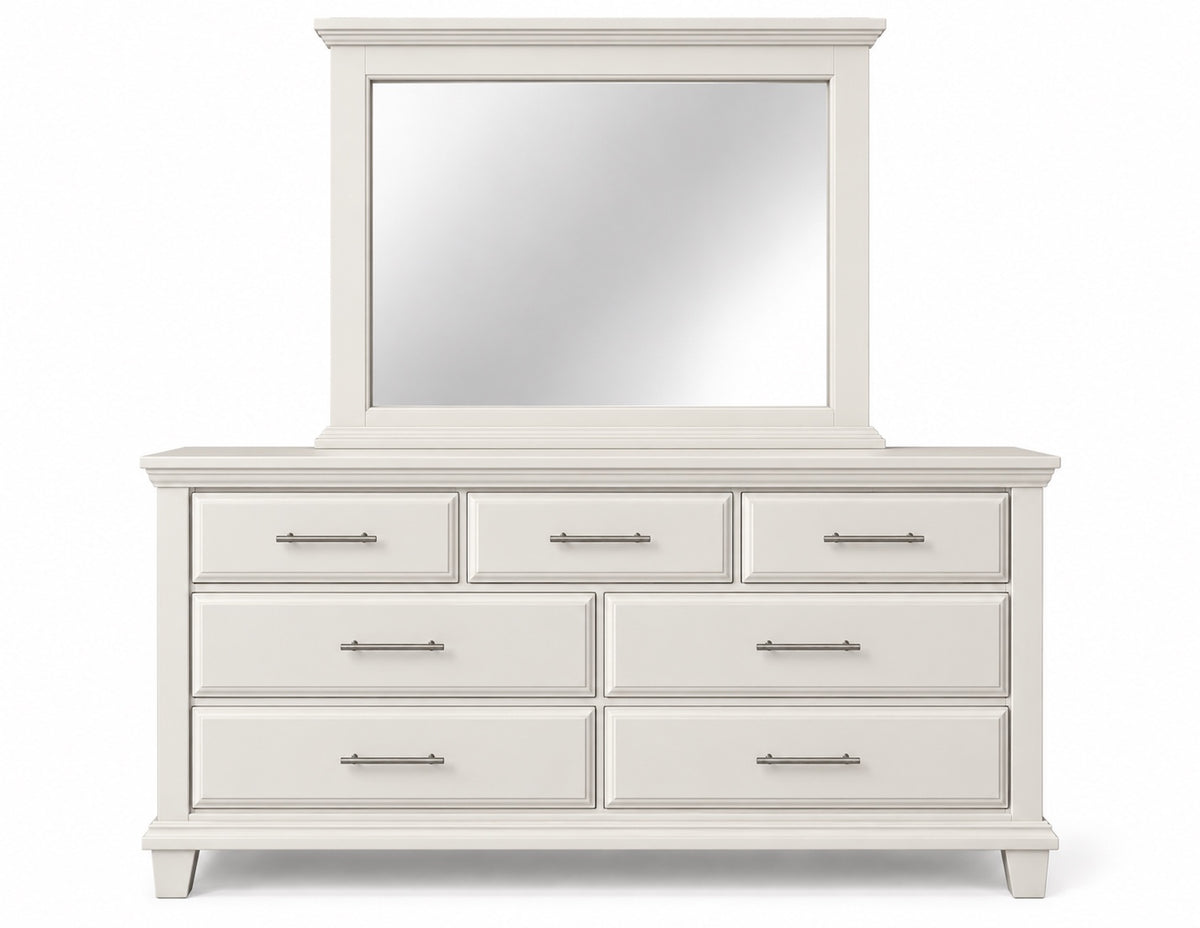 Pearl white Bella seven-drawer dresser with framed mirror and slim silver-tone handles, clean white-background product view