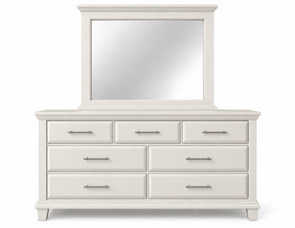 Pearl white Bella seven-drawer dresser with framed mirror and slim silver-tone handles, clean white-background product view